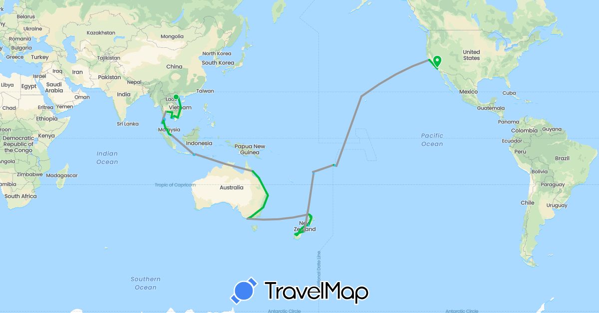 TravelMap itinerary: driving, bus, plane, boat in Australia, Fiji, Indonesia, Cambodia, Malaysia, New Zealand, Singapore, Thailand, United States, Vietnam, Samoa (Asia, North America, Oceania)
